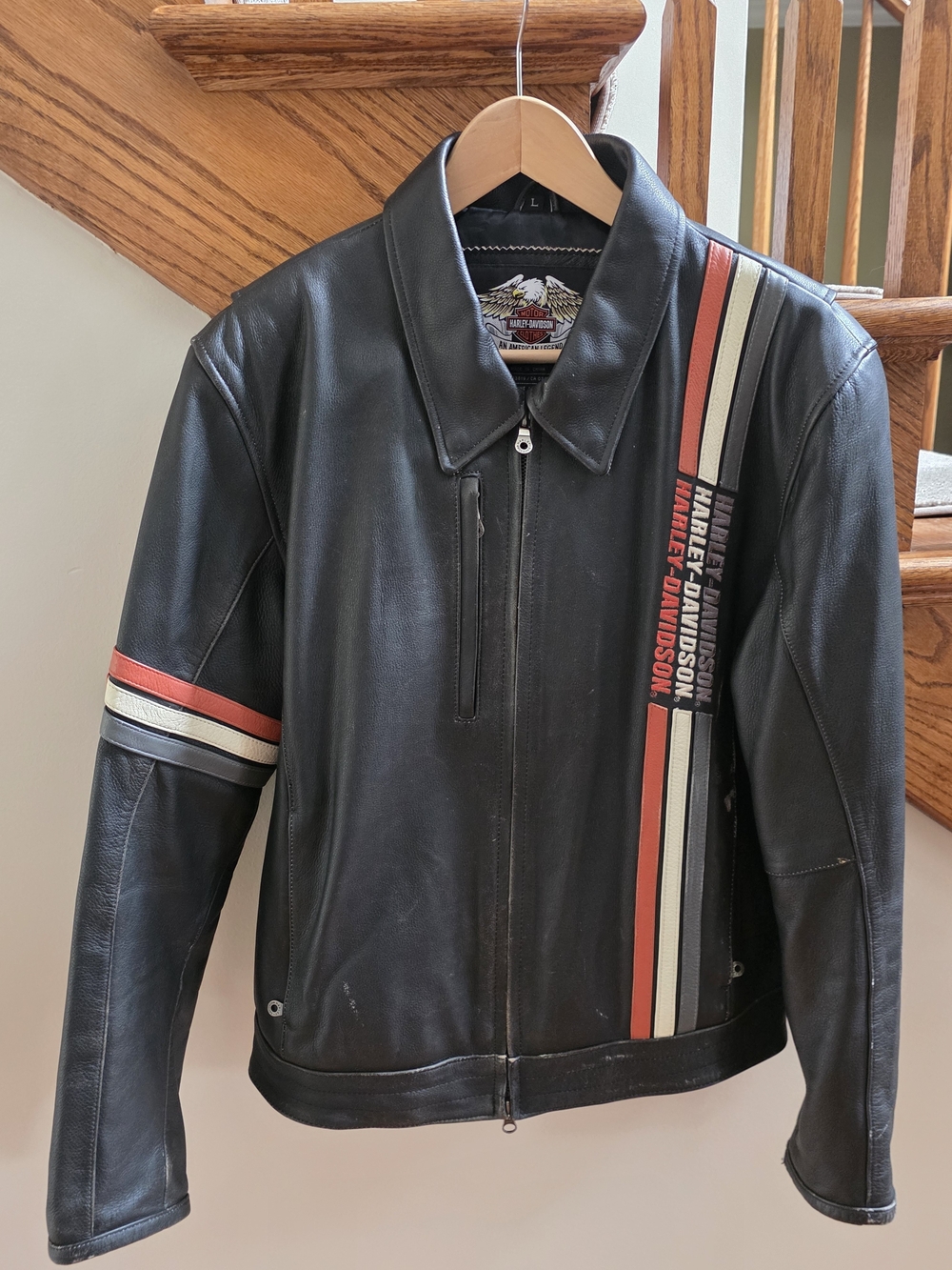 Harley-Davidson Black Leather Jacket with Orange & Cream Racing Stripes